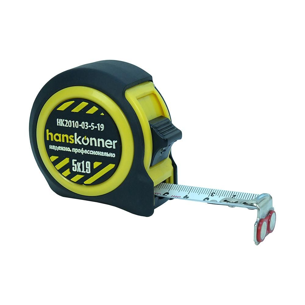 Рулетка 5x19мм, 2 стопа, компактный корпус, мощный магнит, Hanskonner