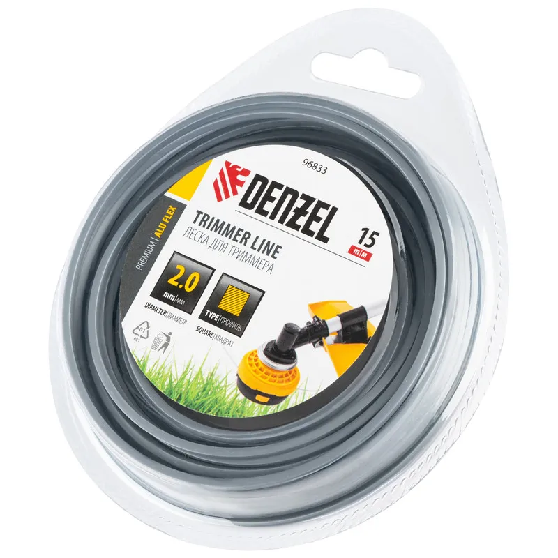 Леска для триммера Denzel армированная алюминием квадратная, 2,0ммх15м, блистер ALUFLEX