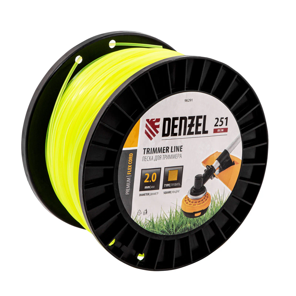 Леска для триммера Denzel квадрат, 2,0ммх251м, на DIN катушке FLEX CORD