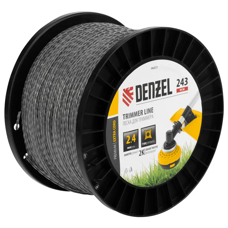 Леска для триммера Denzel двухкомпонентная витой квадрат, 2,4ммх243м, на DIN катушке EXTRA CORD