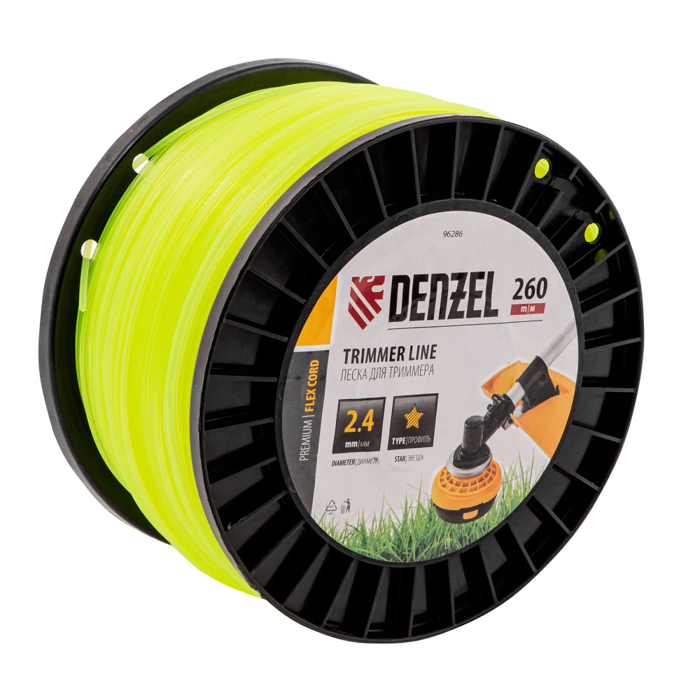 Леска для триммера Denzel звезда, 2,4ммх260м, на DIN катушке FLEX CORD
