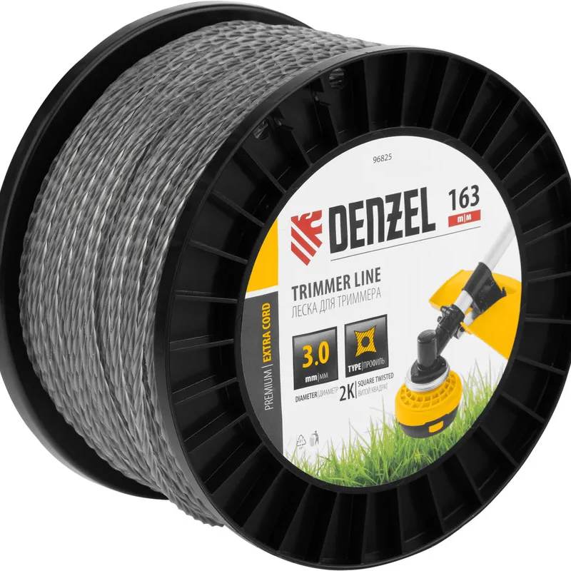 Леска для триммера Denzel двухкомпонентная витой квадрат, 3,0ммх163м, на DIN катушке EXTRA CORD