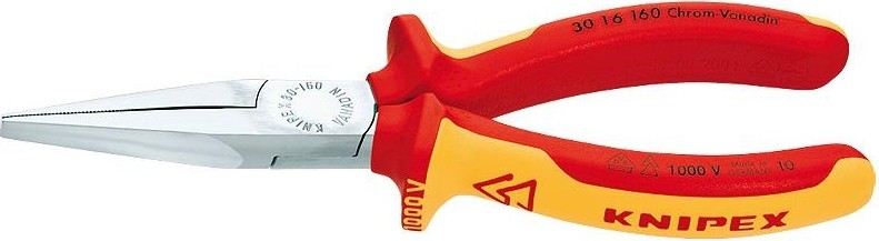 Длинногубцы диэлектрические KNIPEX 3016160 1000 V, 160 мм, с плоскими губками, зазватные губк KN-3016160
