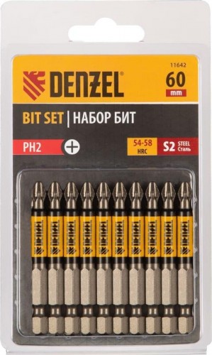 Набор бит Denzel PH2х60 сталь s2, круглый профиль, 10 шт. 11642