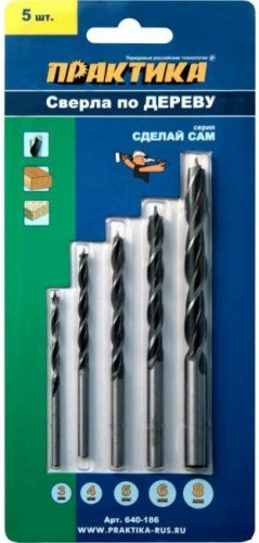 Набор сверл по дереву ПРАКТИКА Сделай сам 5 шт, 3,4,5,6,8 мм, блистер 640-186