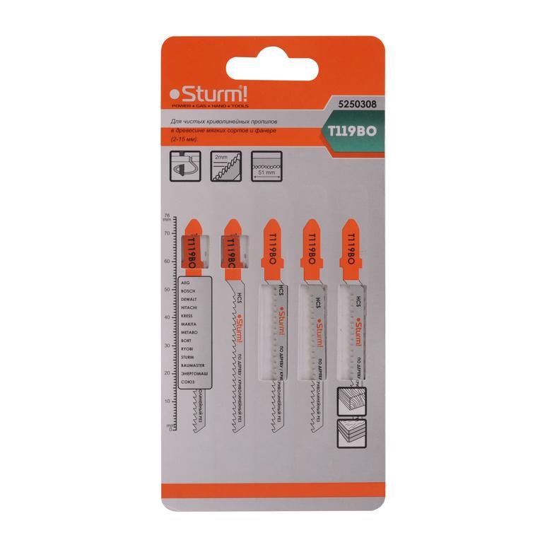 Пилки для лобзика по дереву T119BO, 5 шт, 76х51мм, шаг зуба 2мм, быстрый фигурный рез, HCS, Sturm!