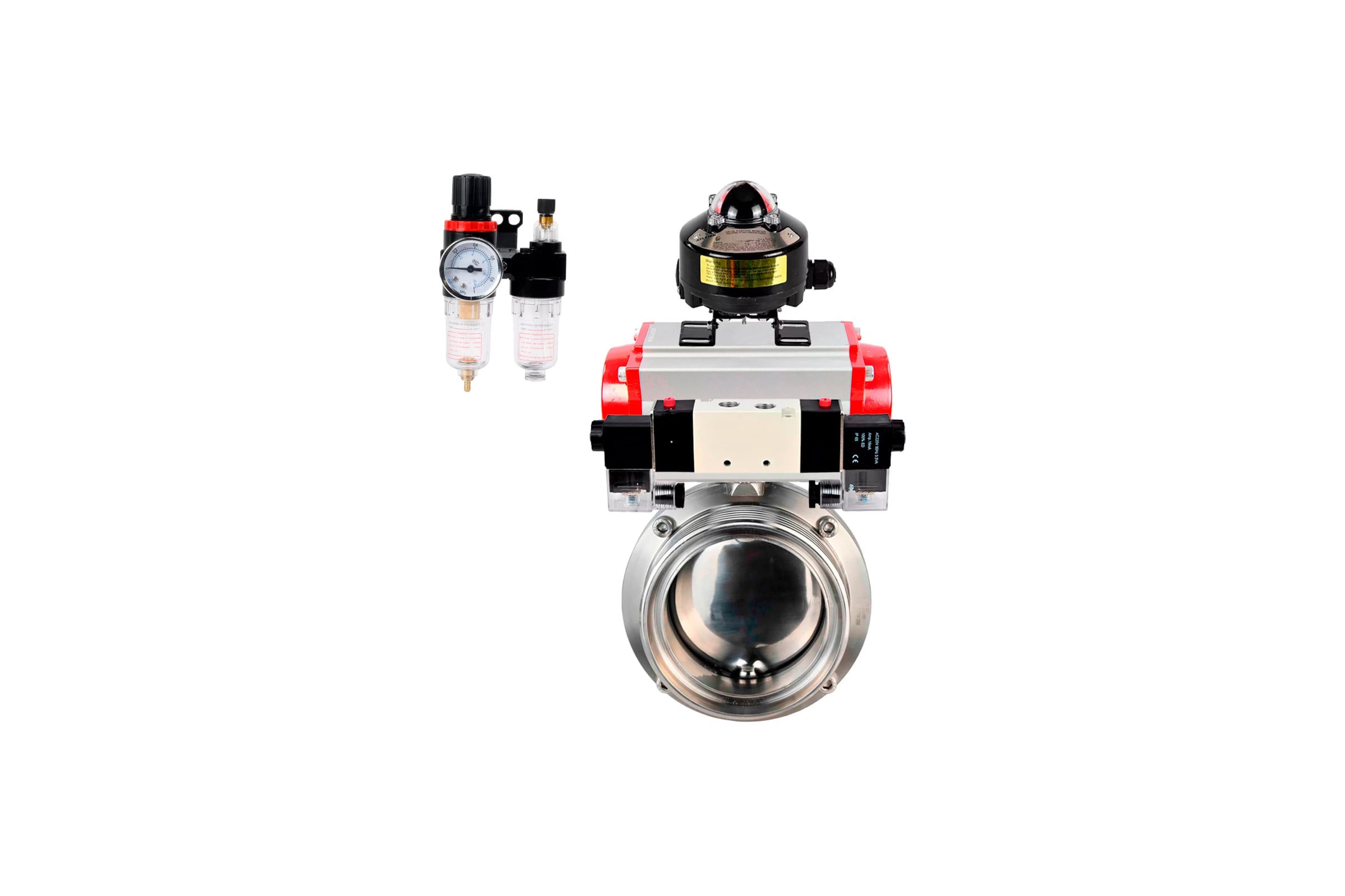 Затвор DN.ru дисковый 304-304-EPDM Ду100 Ру10 пищевая нержавеющая сталь, пневмопривод, пневмораспределитель, БКВ, БПВ D050-75893